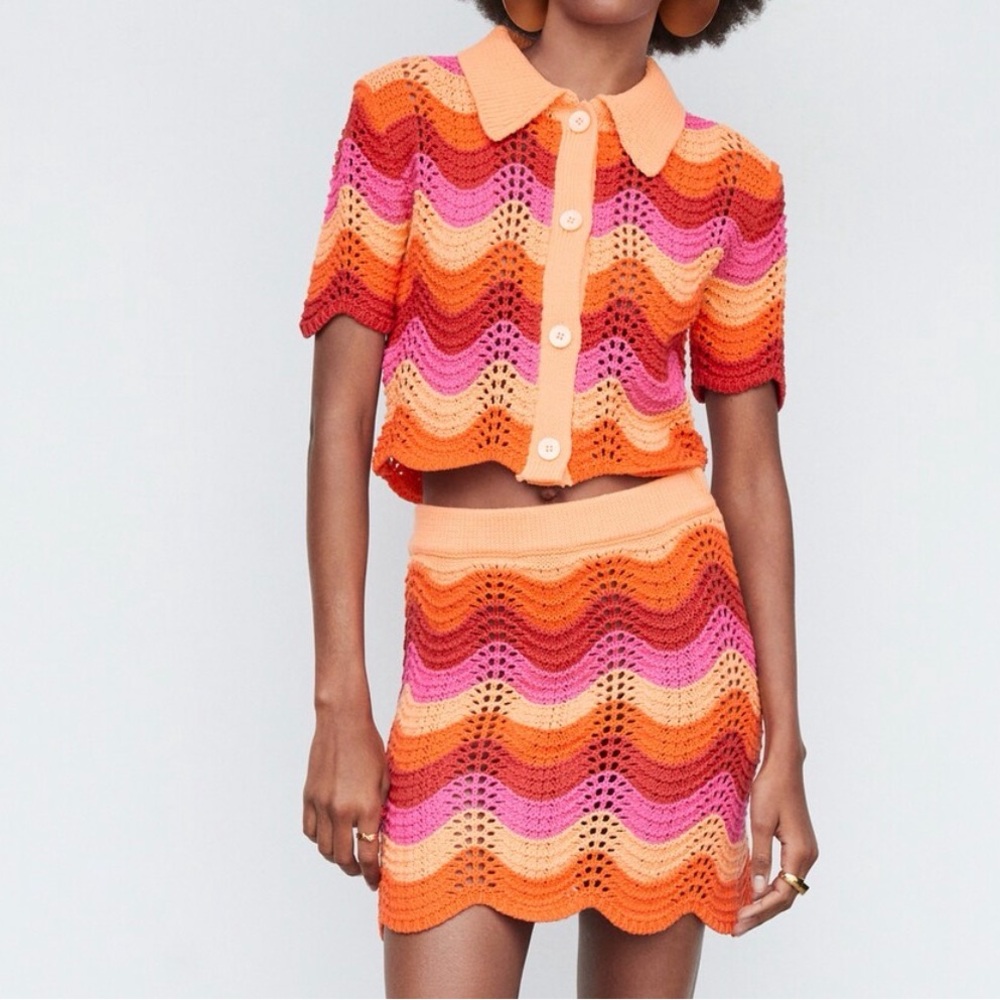 Mango Crochet Wave Mini Skirt in Orange, Pink & Peach
